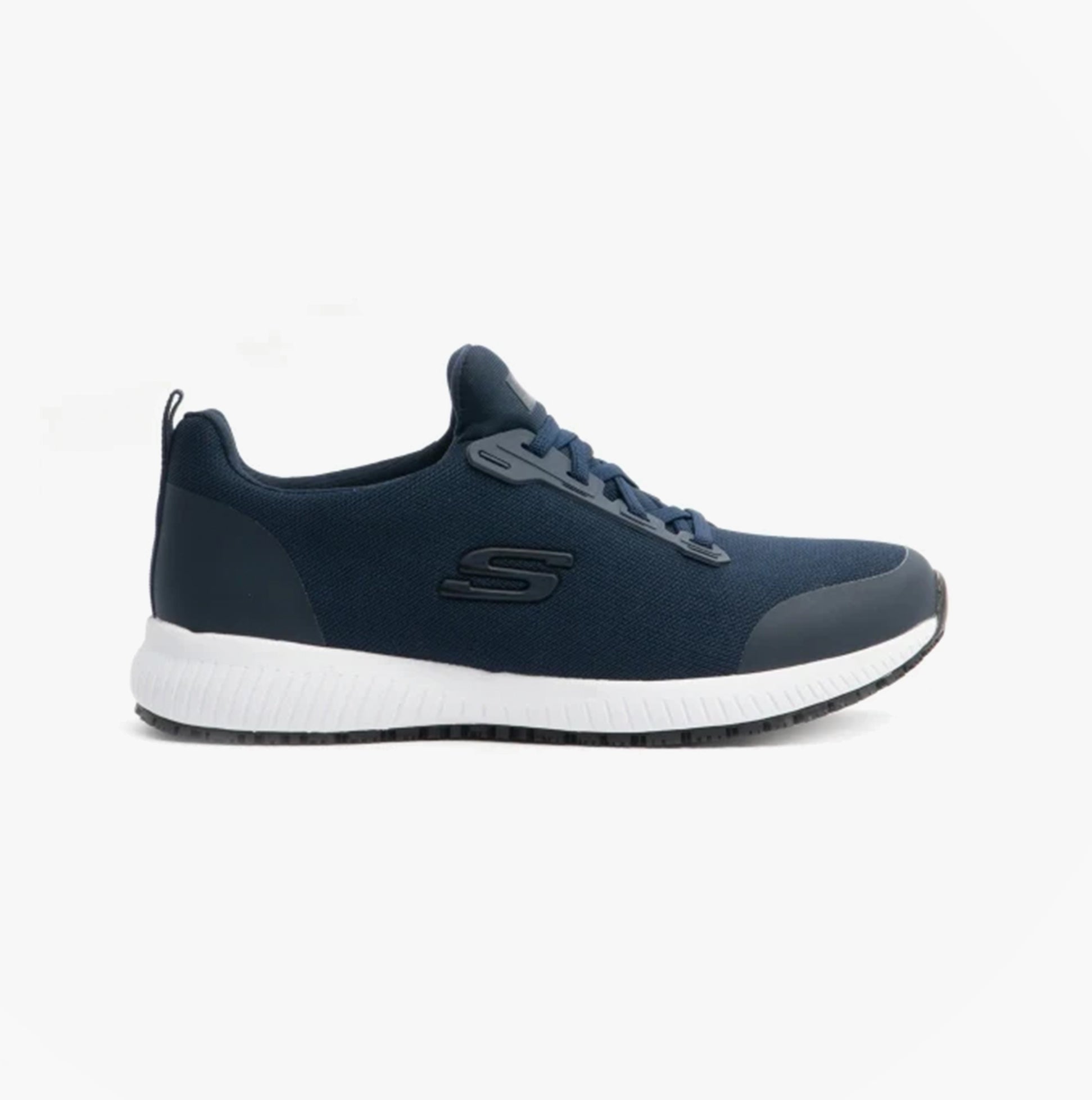Skechers Work 77222EC SQUAD SR Womens Occupational Trainers Navy side view with lace-up closure and synthetic sole.