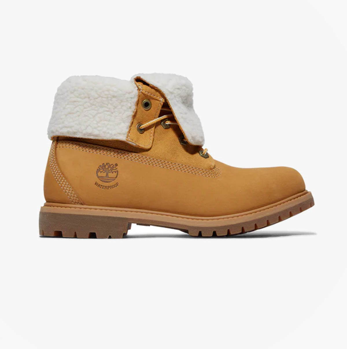 Timberland TEDDY FLEECE WP Womens Boots Wheat side view showcasing nubuck upper and cozy sheepskin lining.