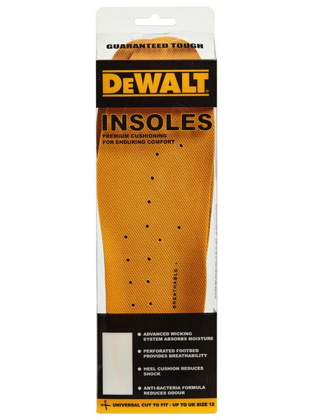 Dewalt Insoles Yellow front view packaging showcasing antibacterial features and perforated footbed for breathability.